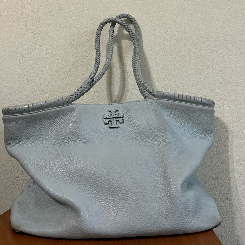 Tory Burch Taylor Tote Seltzer Blue Leather Bag Travel Business Magnetic Clasp.